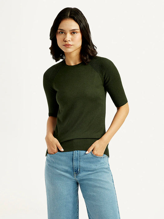 Trendy Solid Dark Green Crew Neck Top Women Casual and Semi Formal Style