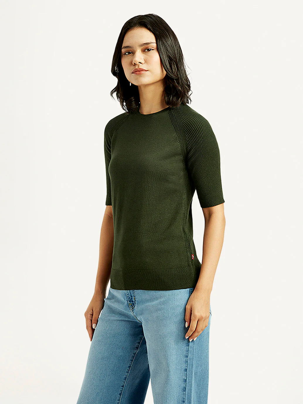 Trendy Solid Dark Green Crew Neck Top Women Casual and Semi Formal Style
