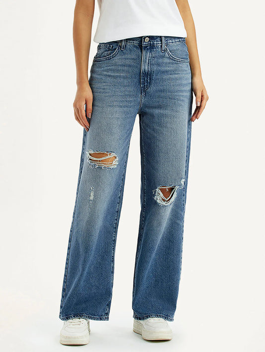 Streetwear Inspired Women’s Blue High Rise Wide Leg Jeans