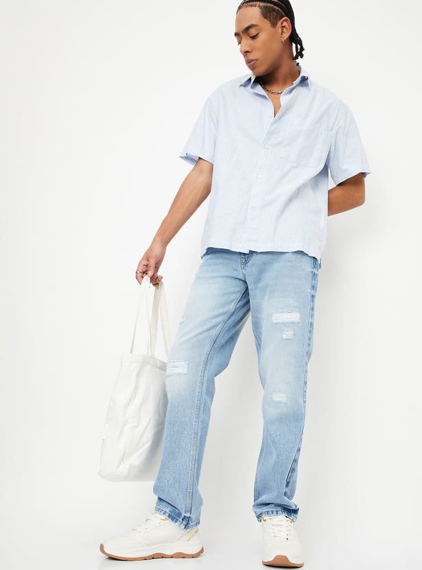 Relaxed Washed Distressed Straight Fit Jeans