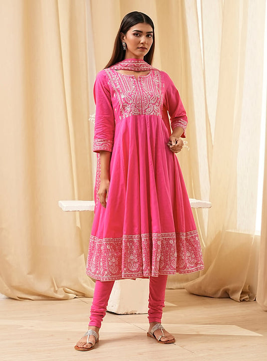 Ethnic Designer Embroidered Line Kurta Set with Matching Bottoms