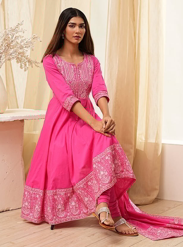 Ethnic Designer Embroidered Line Kurta Set with Matching Bottoms