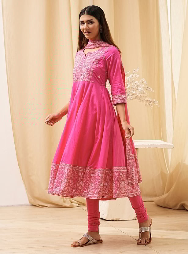 Ethnic Designer Embroidered Line Kurta Set with Matching Bottoms