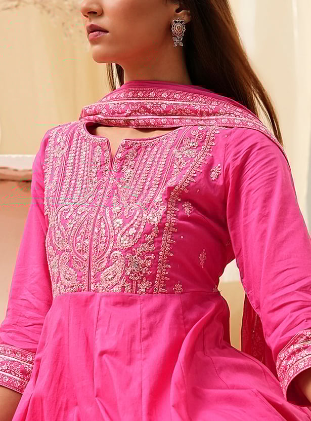 Ethnic Designer Embroidered Line Kurta Set with Matching Bottoms