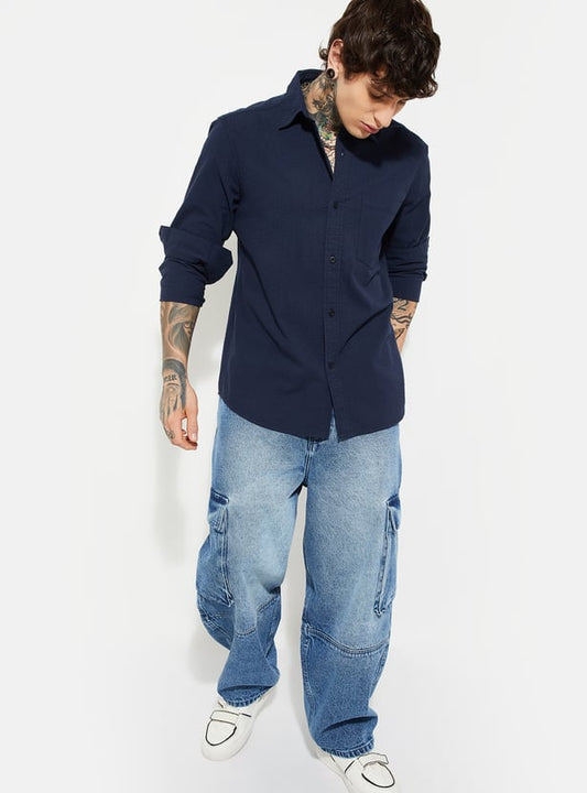 Men Textured Regular Fit Shirt in Navy Blue Comfortable Stylish Casual Shirt for Everyday Wear