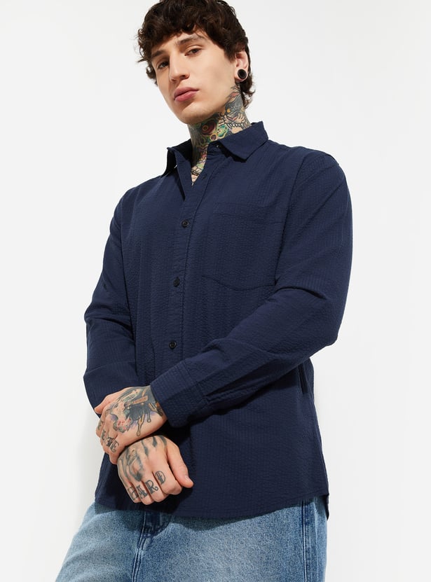 Men Textured Regular Fit Shirt in Navy Blue Comfortable Stylish Casual Shirt for Everyday Wear