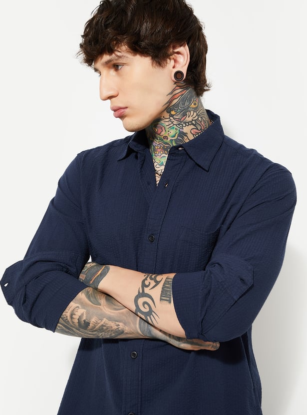 Men Textured Regular Fit Shirt in Navy Blue Comfortable Stylish Casual Shirt for Everyday Wear