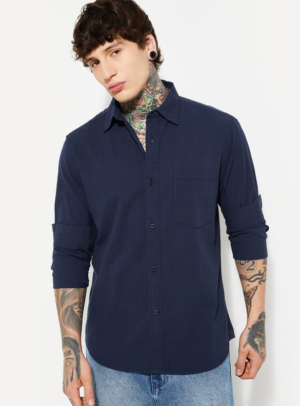 Men Textured Regular Fit Shirt in Navy Blue Comfortable Stylish Casual Shirt for Everyday Wear