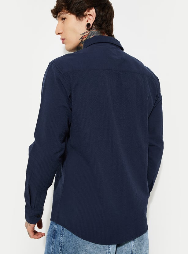 Men Textured Regular Fit Shirt in Navy Blue Comfortable Stylish Casual Shirt for Everyday Wear