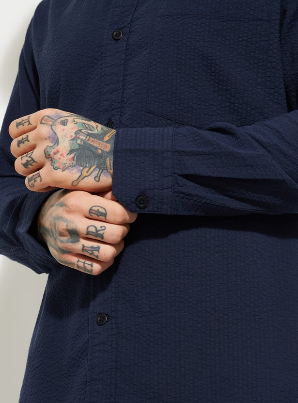 Men Textured Regular Fit Shirt in Navy Blue Comfortable Stylish Casual Shirt for Everyday Wear