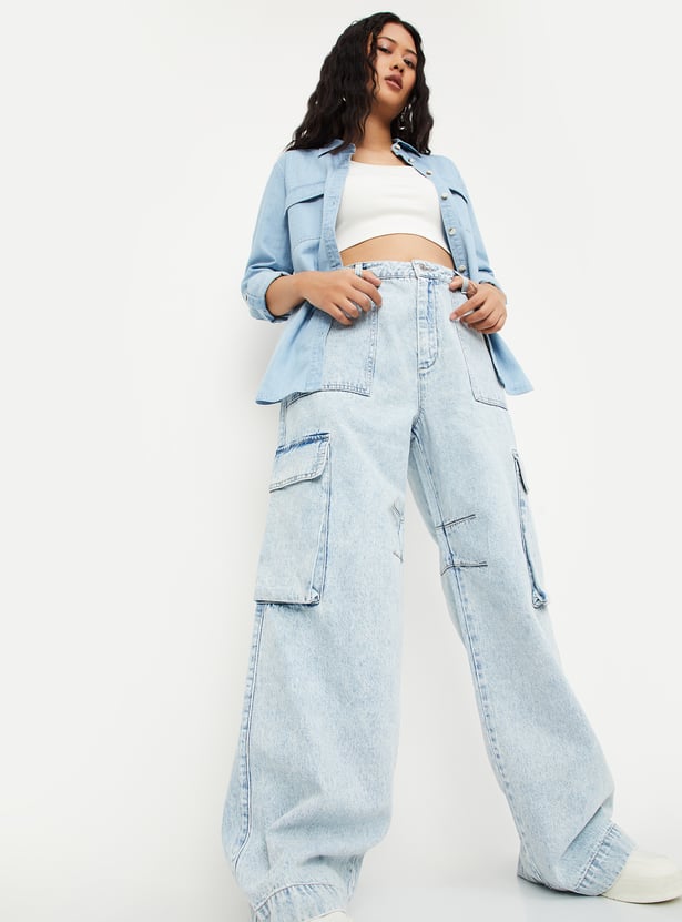 Fashionable Women’s Relaxed Fit Washed Cargo Denim Pants