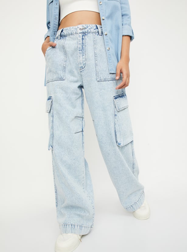 Fashionable Women’s Relaxed Fit Washed Cargo Denim Pants