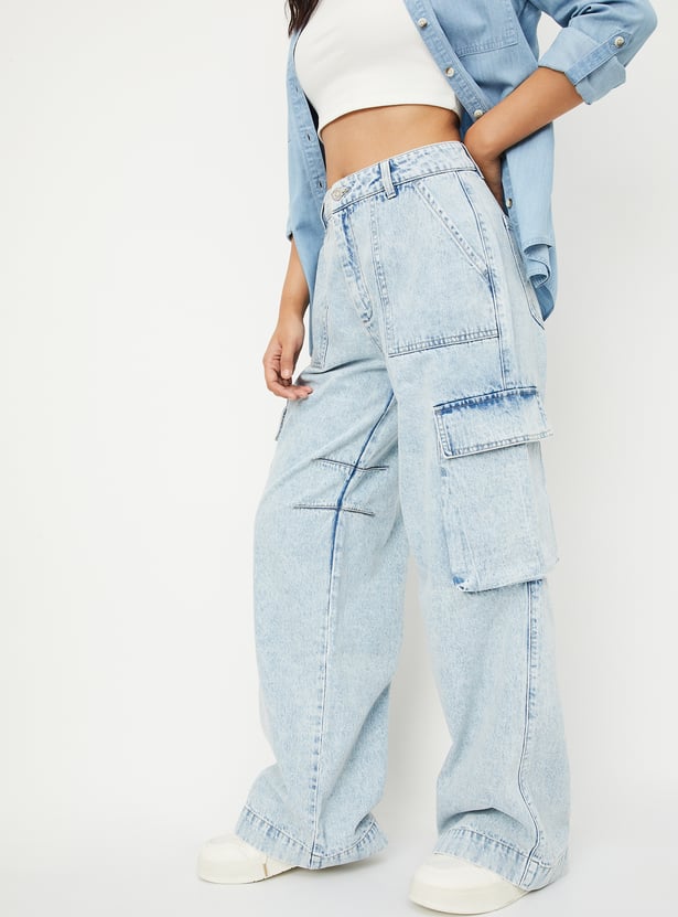 Fashionable Women’s Relaxed Fit Washed Cargo Denim Pants