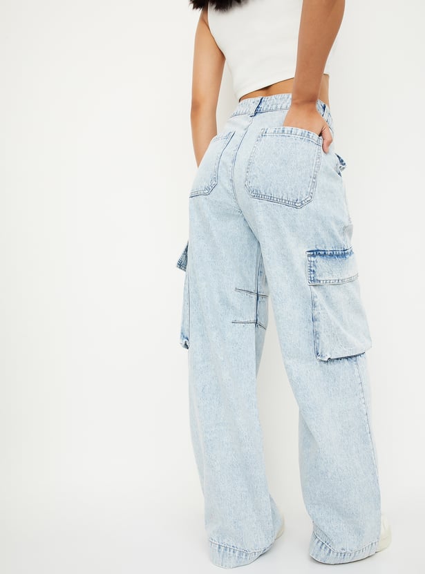 Fashionable Women’s Relaxed Fit Washed Cargo Denim Pants