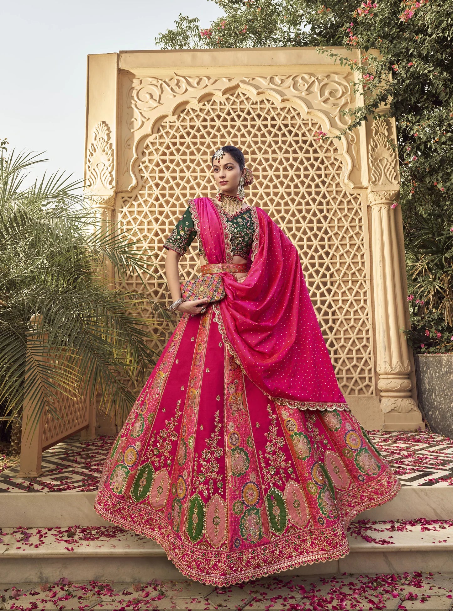 Designer Green and Pink Banarasi Silk Cutwork Embroidery Bridal Lehenga