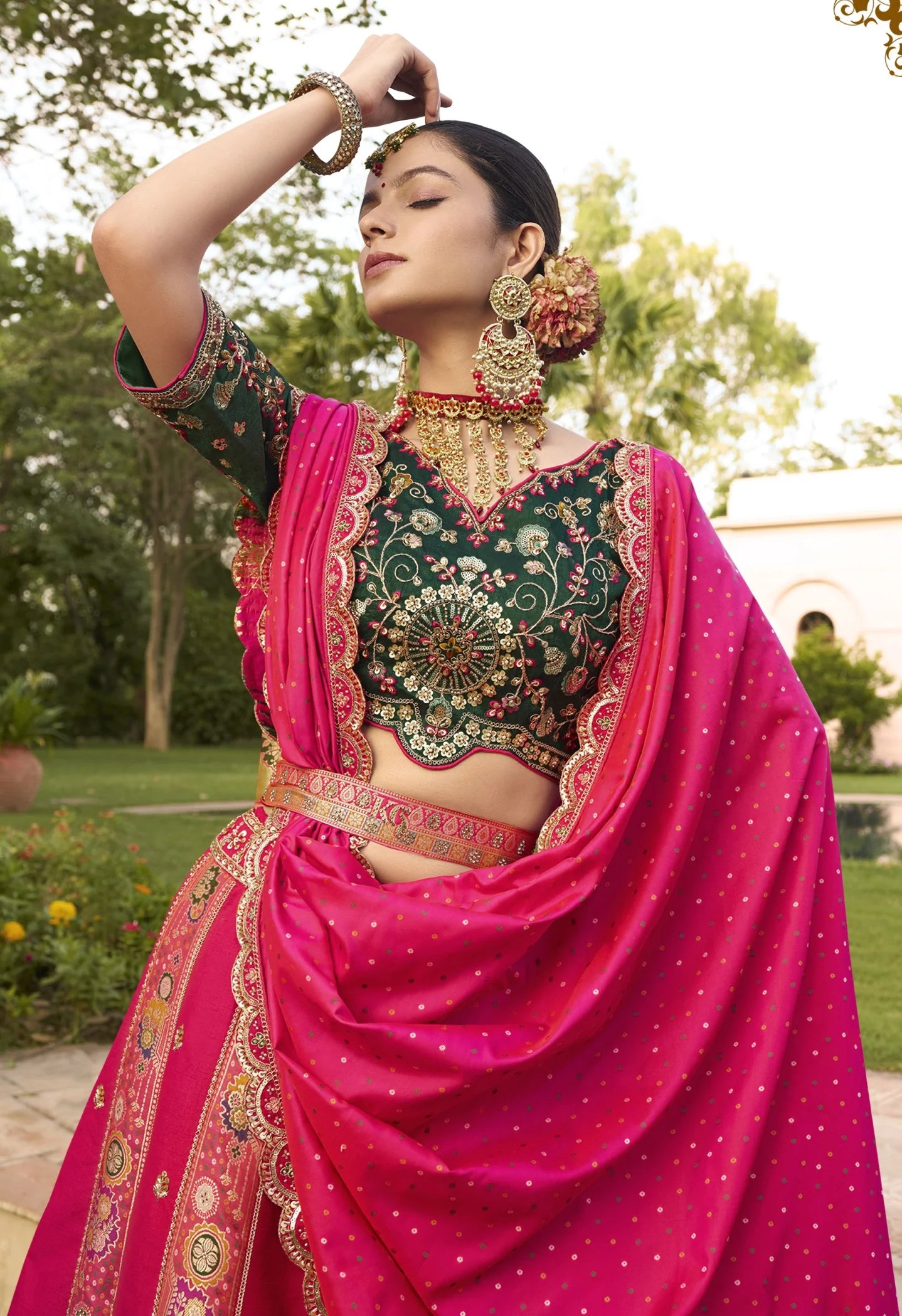 Designer Green and Pink Banarasi Silk Cutwork Embroidery Bridal Lehenga