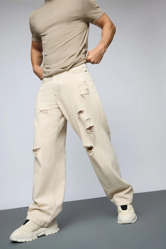 Trendy Ecru Escape Men's Baggy Straight Denim Jeans with Modern Worn Look