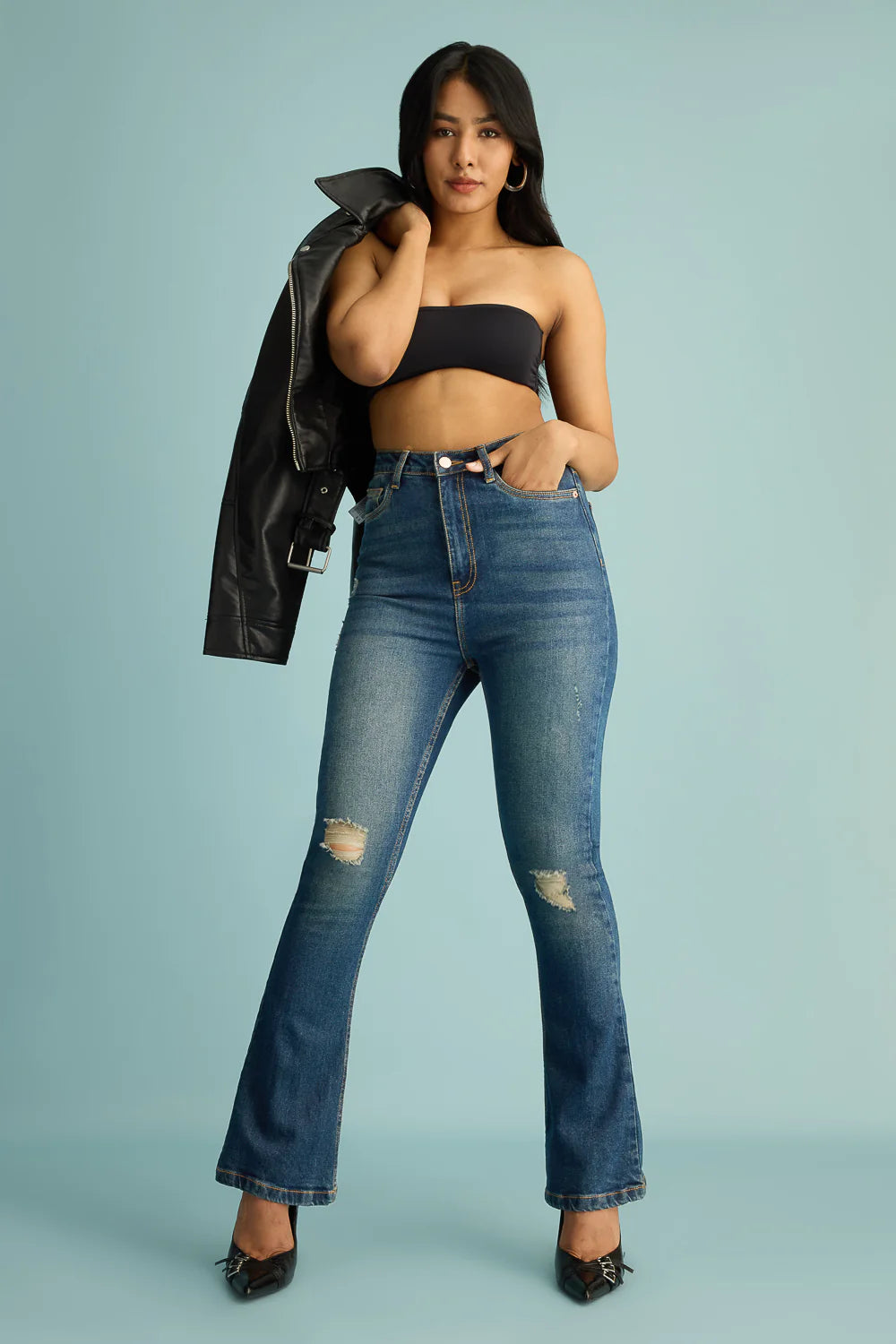 Black Ink Fade Women's Baggy Jeans with Pleated Design for Trendy Casual Wear