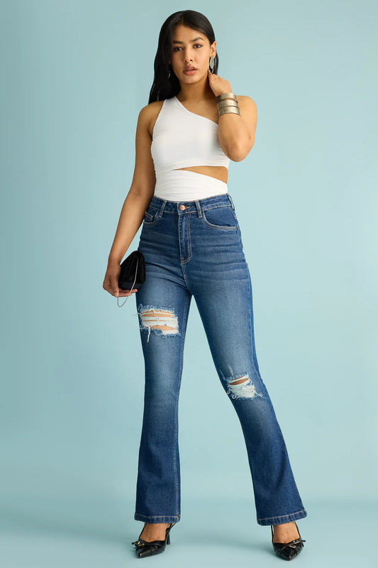 Women's Vintage Sky Distress Bootcut Denim Jeans with Comfortable Mid-Rise Fit