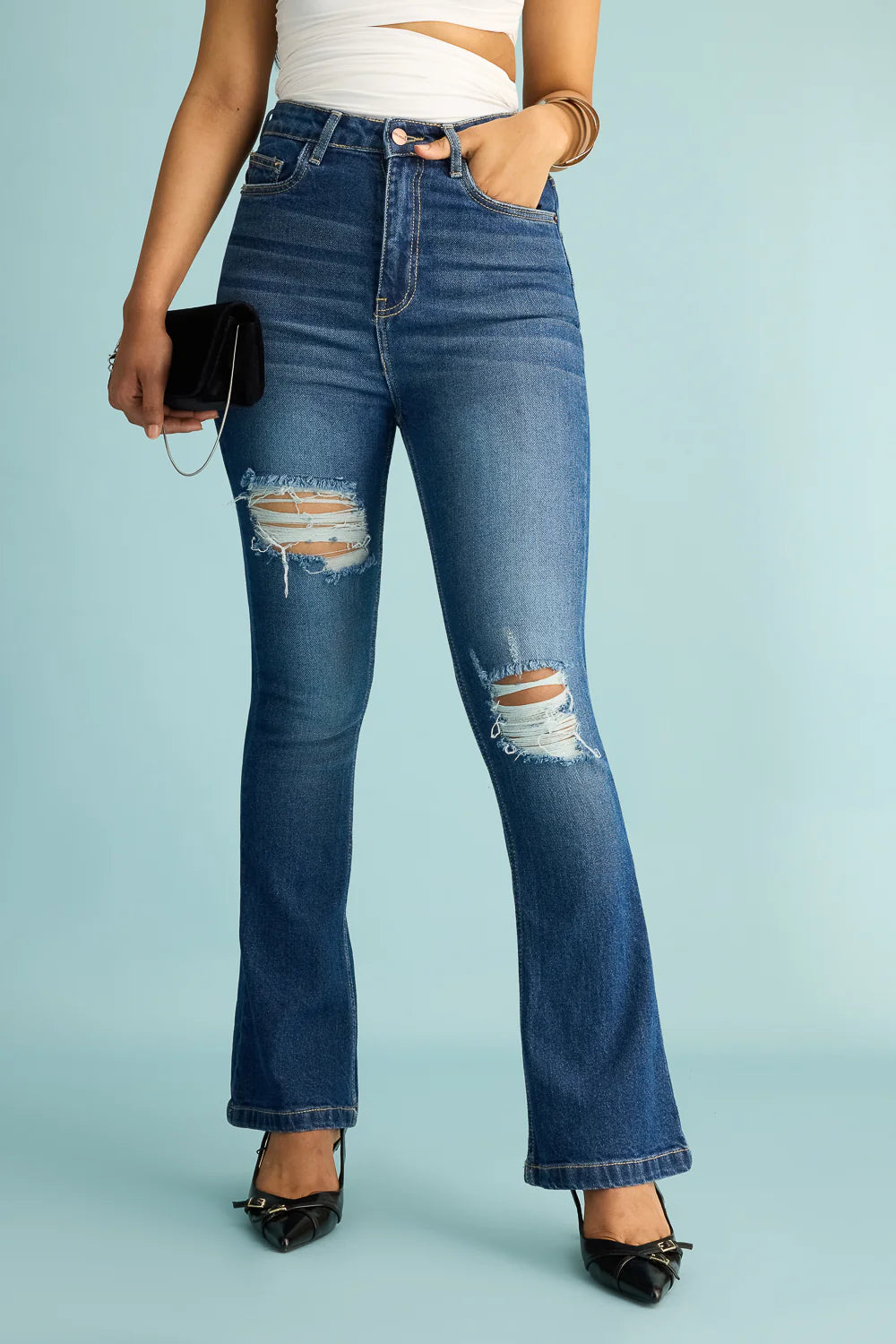Women's Vintage Sky Distress Bootcut Denim Jeans with Comfortable Mid-Rise Fit