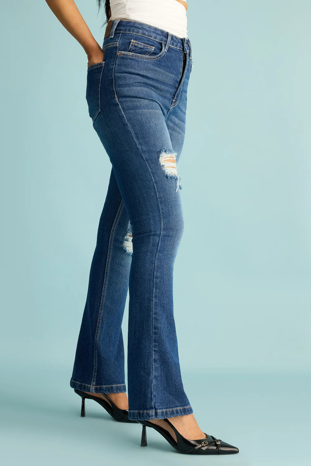Women's Vintage Sky Distress Bootcut Denim Jeans with Comfortable Mid-Rise Fit