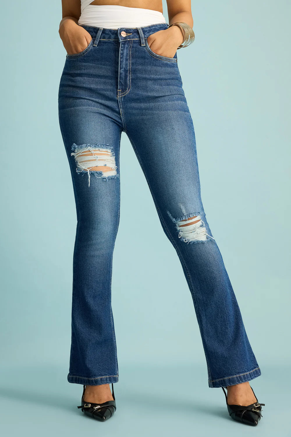 Women's Vintage Sky Distress Bootcut Denim Jeans with Comfortable Mid-Rise Fit