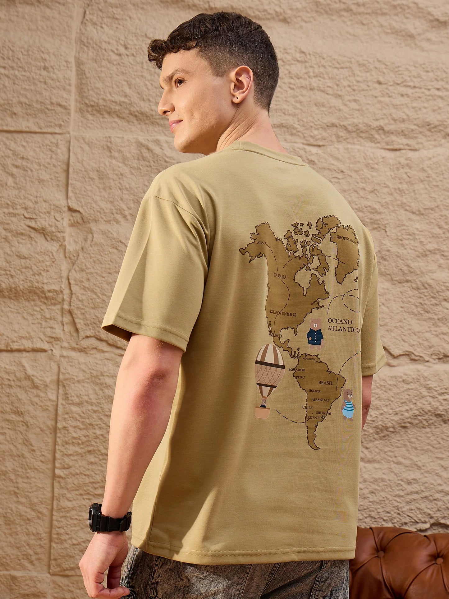Stylish Oversized Round Neck Drop Shoulder Light Brown T-Shirt for Men’s Relaxed Everyday Fashion