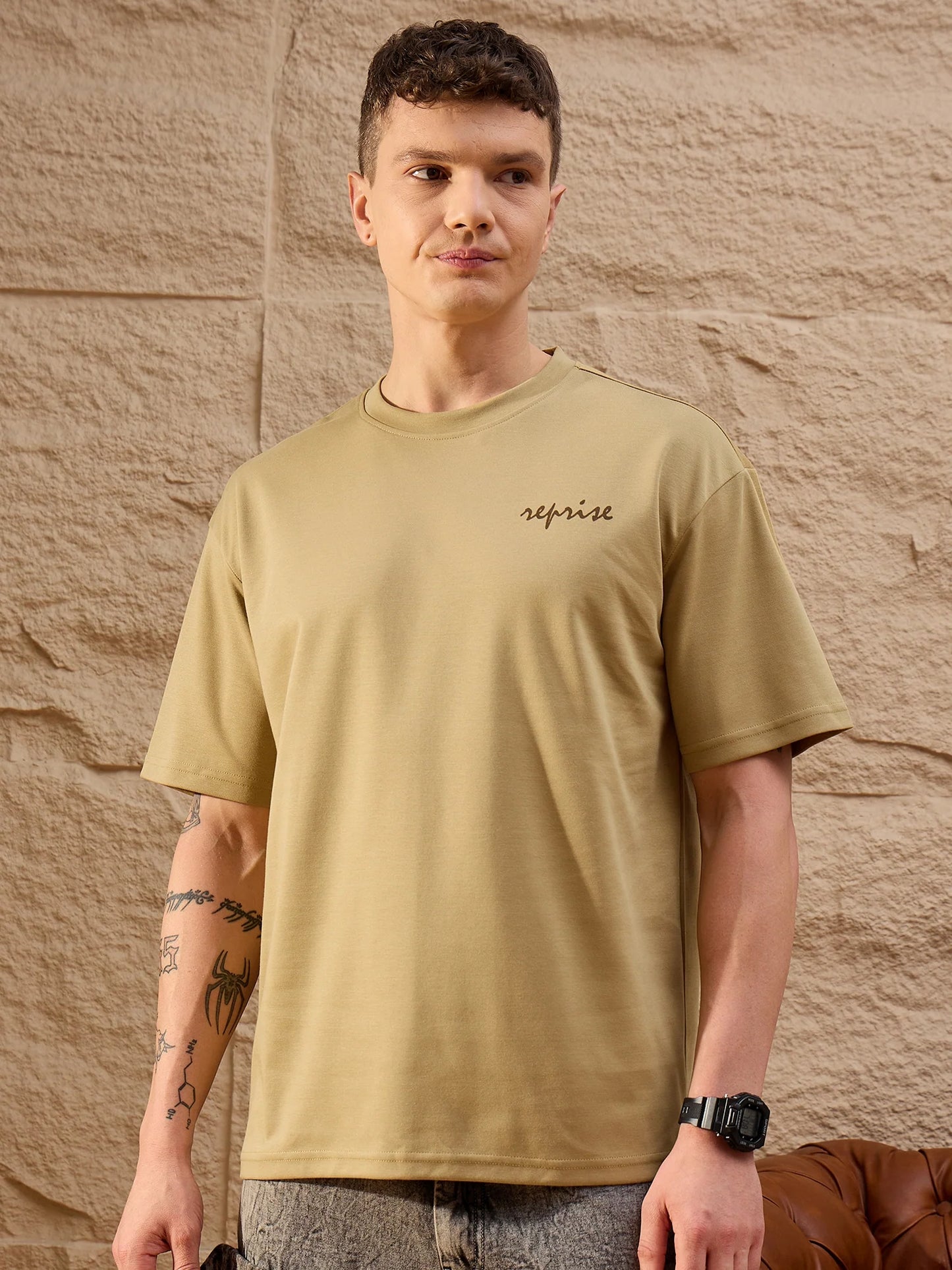 Stylish Oversized Round Neck Drop Shoulder Light Brown T-Shirt for Men’s Relaxed Everyday Fashion
