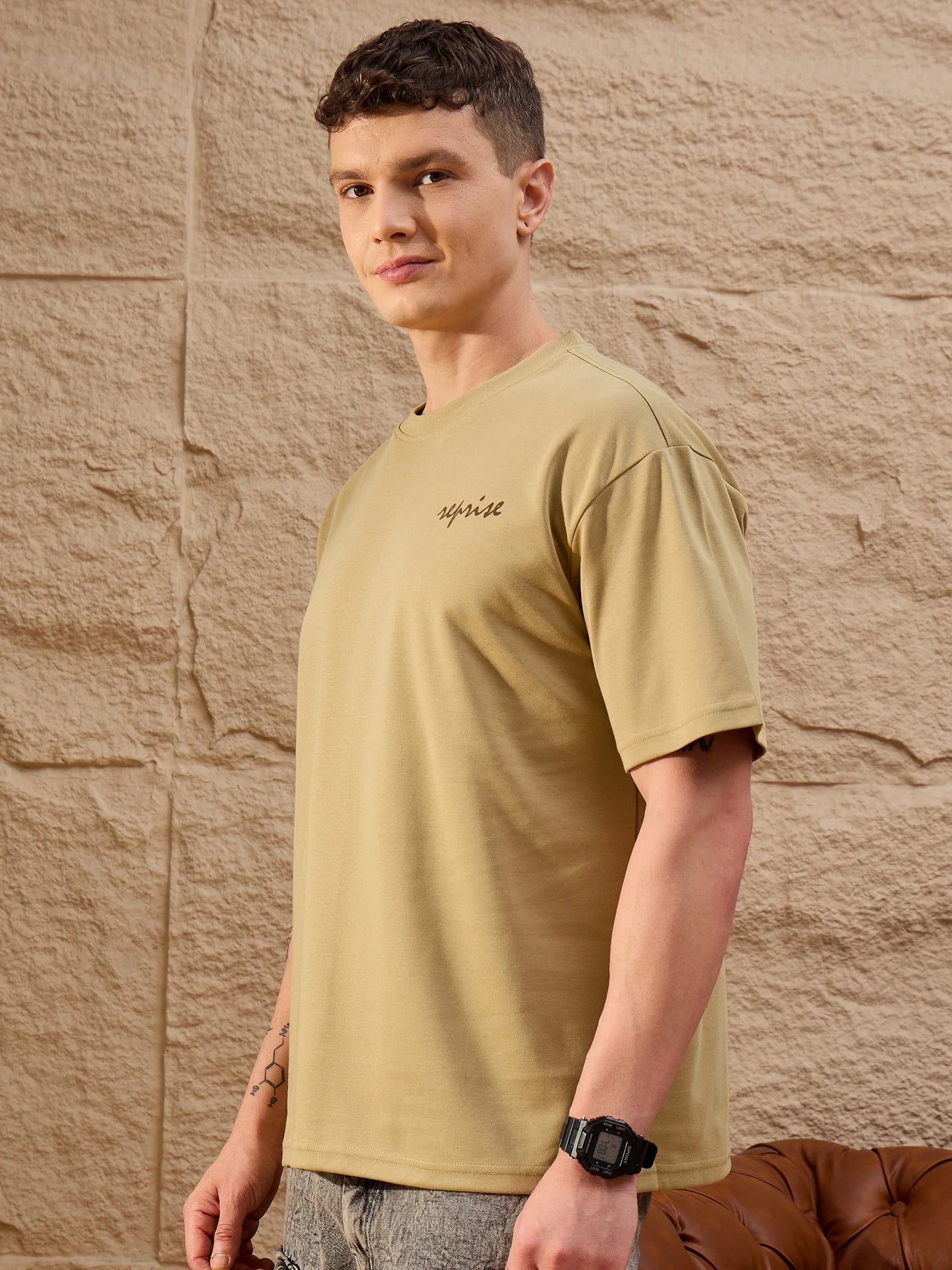 Stylish Oversized Round Neck Drop Shoulder Light Brown T-Shirt for Men’s Relaxed Everyday Fashion