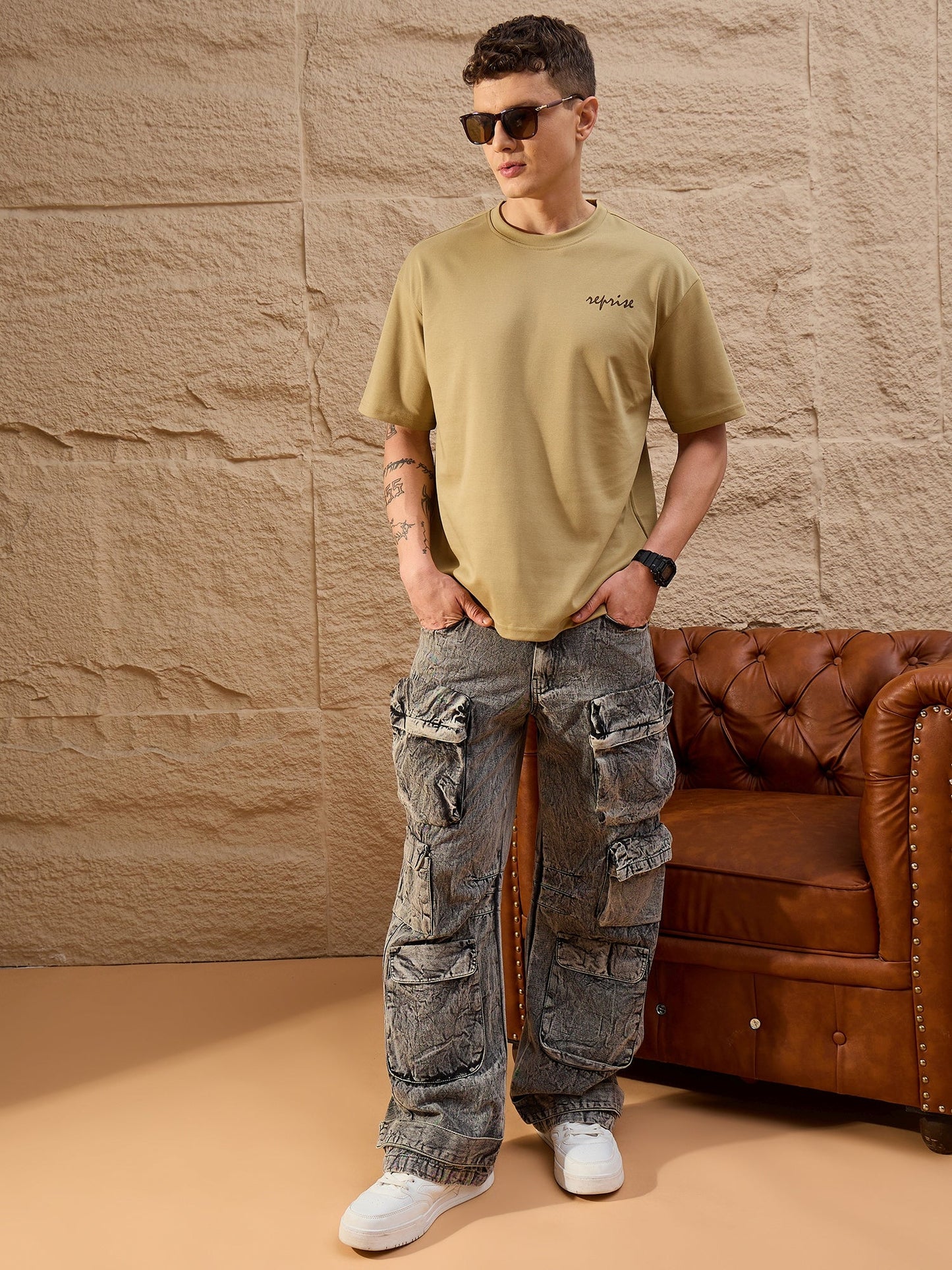 Stylish Oversized Round Neck Drop Shoulder Light Brown T-Shirt for Men’s Relaxed Everyday Fashion