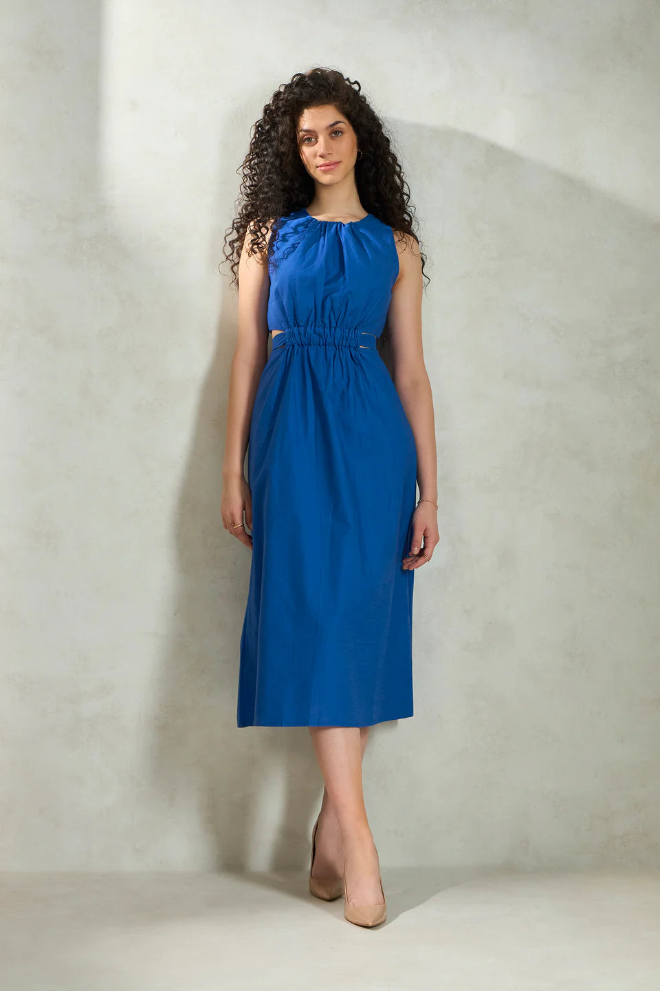 Fashionable Cotton Gathered Waist Midi Dress for Women’s Summer Wear