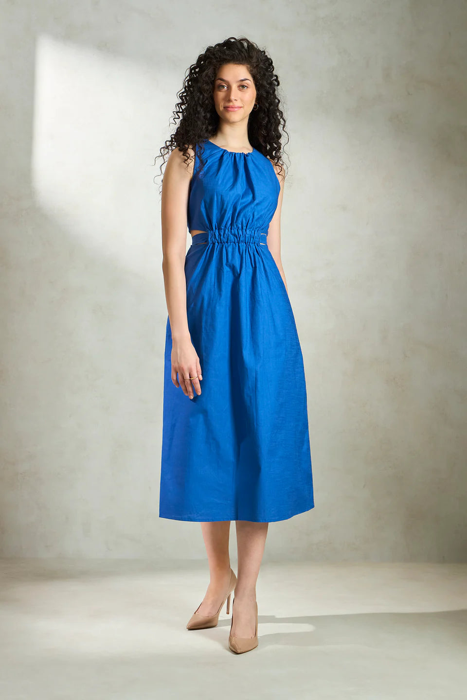 Fashionable Cotton Gathered Waist Midi Dress for Women’s Summer Wear