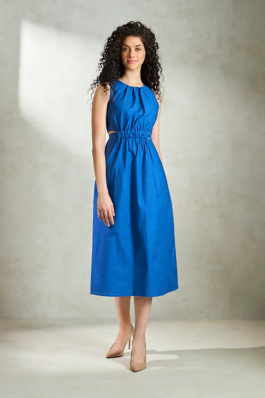 Fashionable Cotton Gathered Waist Midi Dress for Women’s Summer Wear