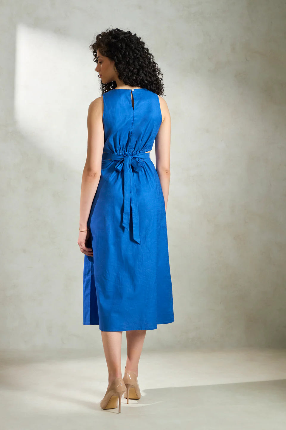 Fashionable Cotton Gathered Waist Midi Dress for Women’s Summer Wear