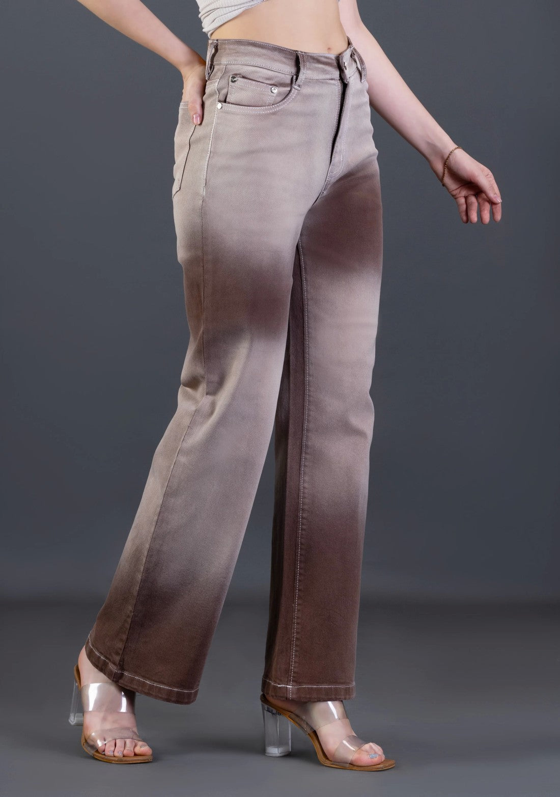 Modern Casual Light Brown Ombre Effect Wide Leg Jeans for Women