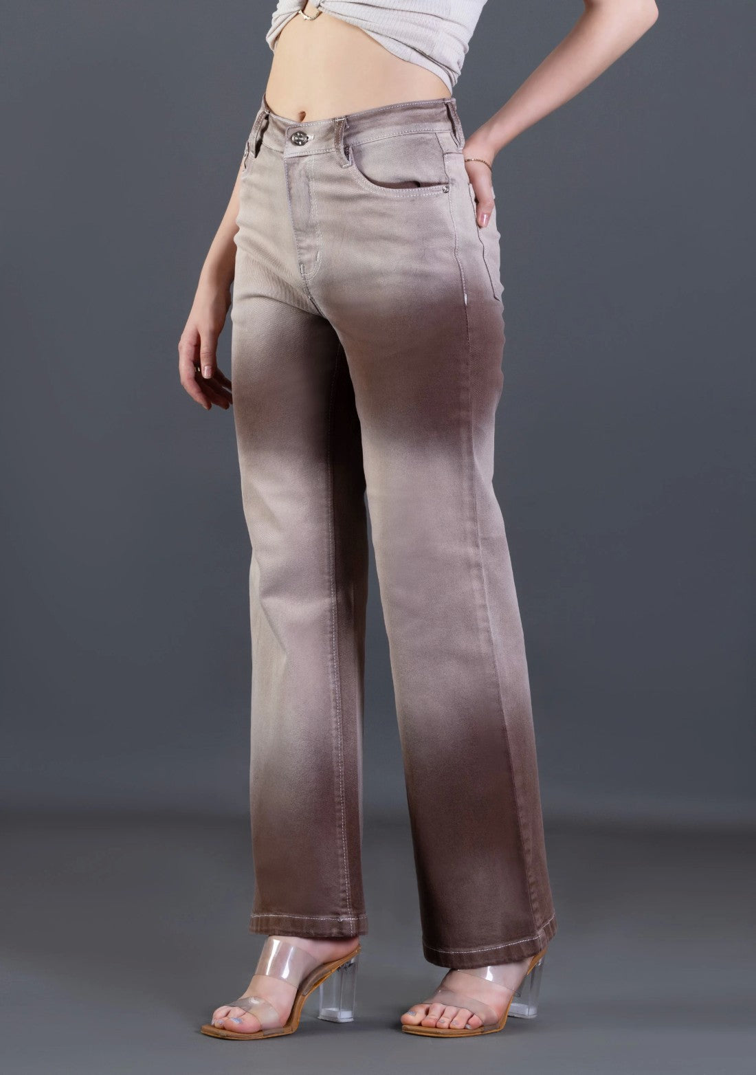 Modern Casual Light Brown Ombre Effect Wide Leg Jeans for Women
