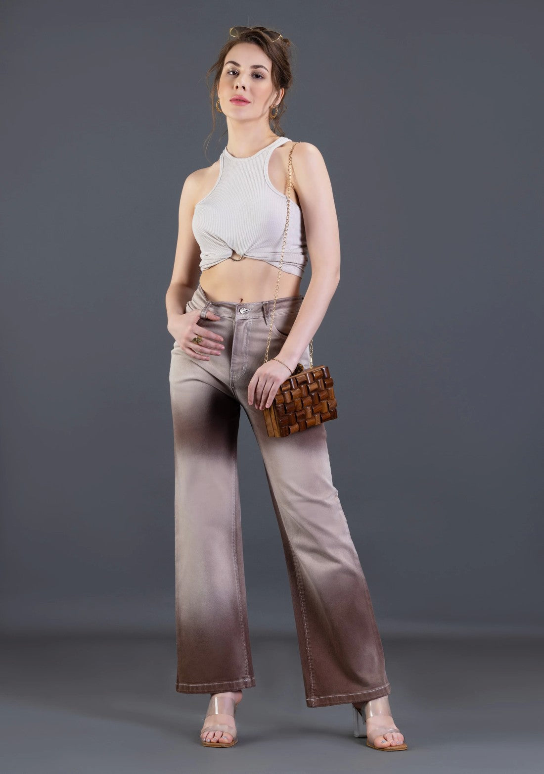 Modern Casual Light Brown Ombre Effect Wide Leg Jeans for Women