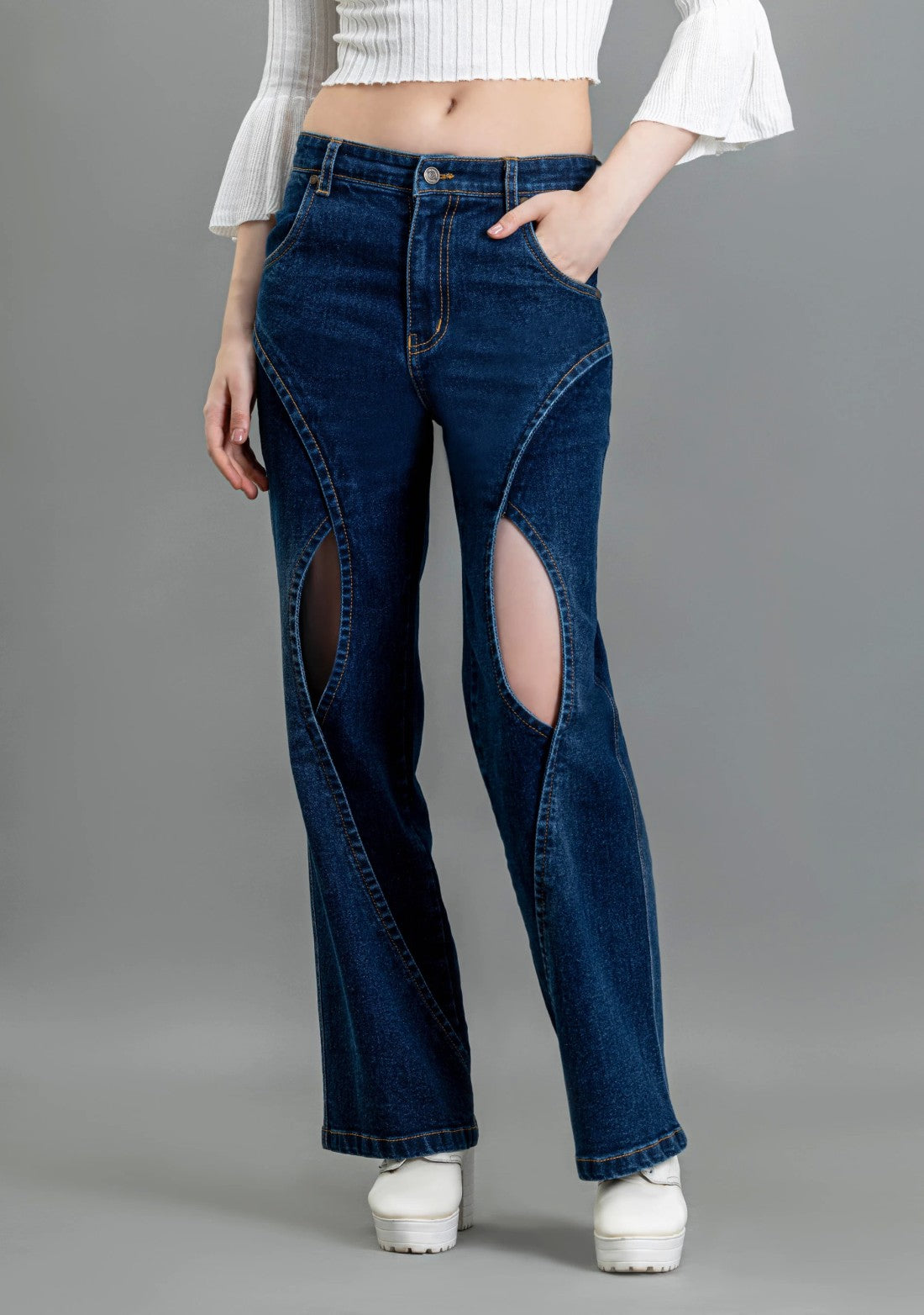 Stylish Blue Wide Leg Denim Jeans with Thigh Open and Cross Panel Details for Women
