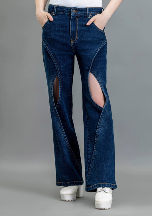 Stylish Blue Wide Leg Denim Jeans with Thigh Open and Cross Panel Details for Women