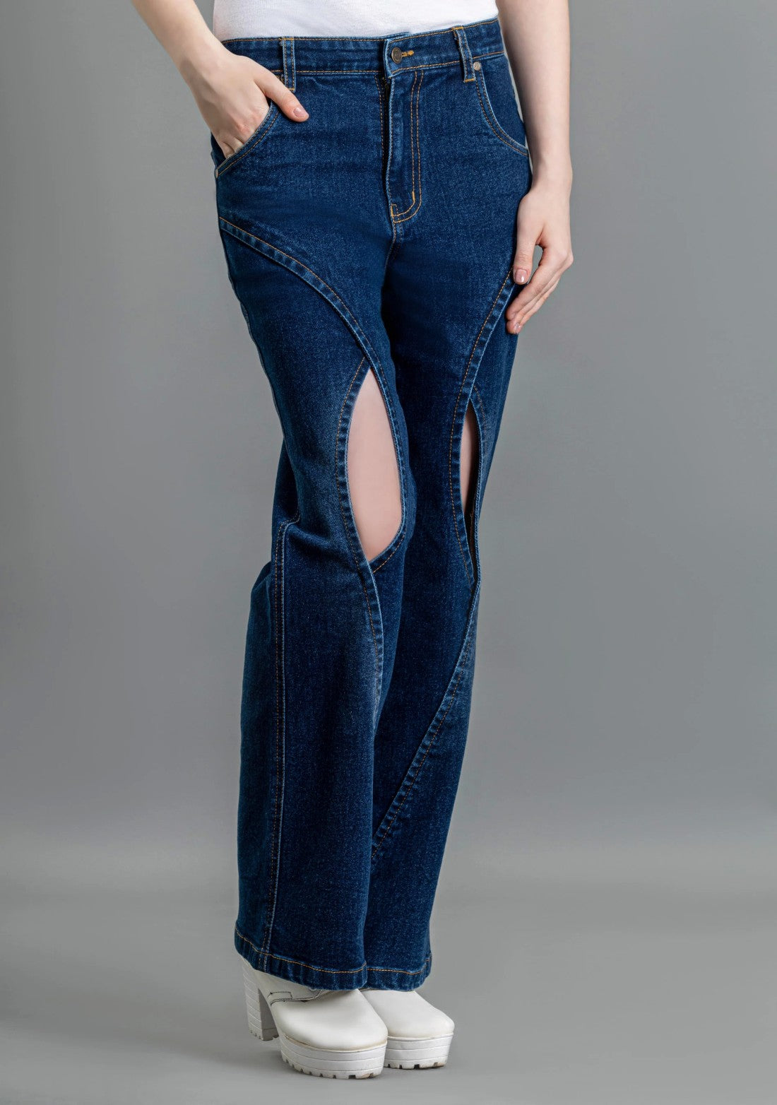 Stylish Blue Wide Leg Denim Jeans with Thigh Open and Cross Panel Details for Women