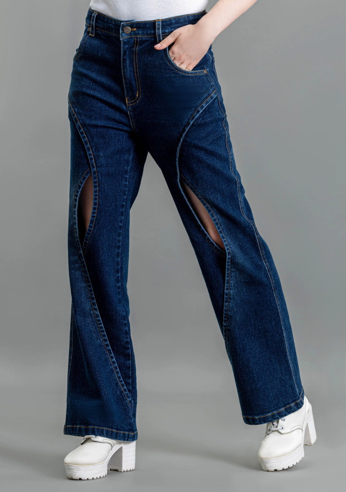 Stylish Blue Wide Leg Denim Jeans with Thigh Open and Cross Panel Details for Women