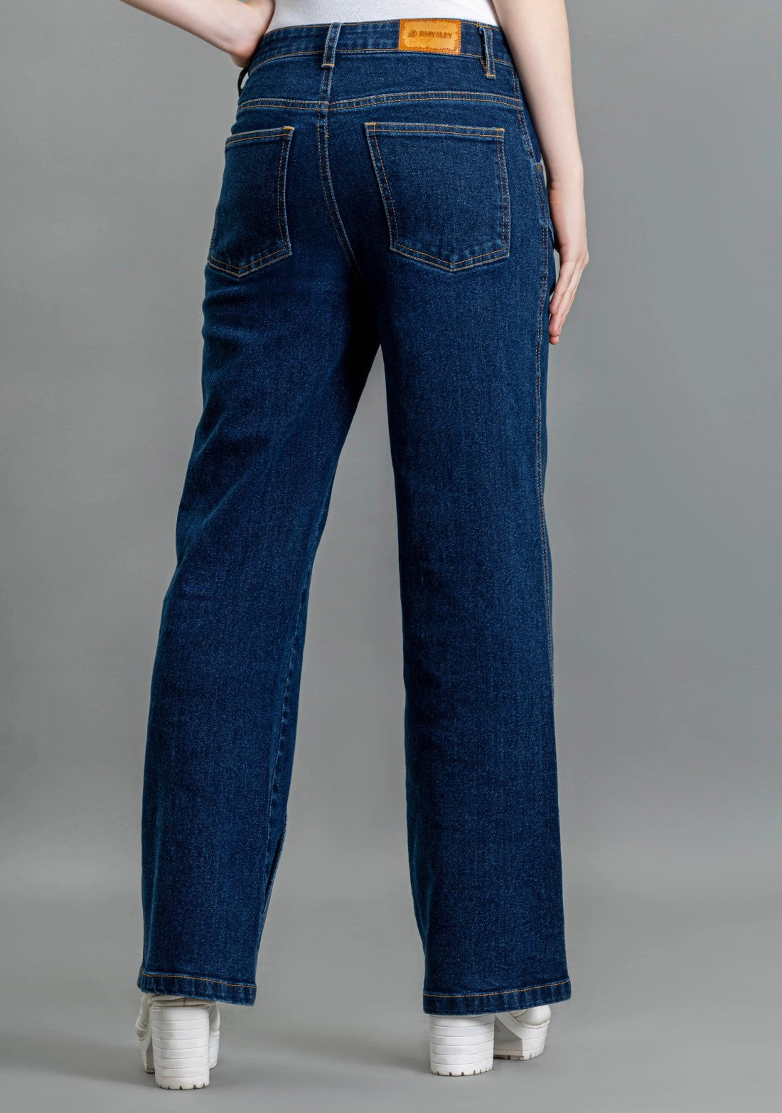 Stylish Blue Wide Leg Denim Jeans with Thigh Open and Cross Panel Details for Women