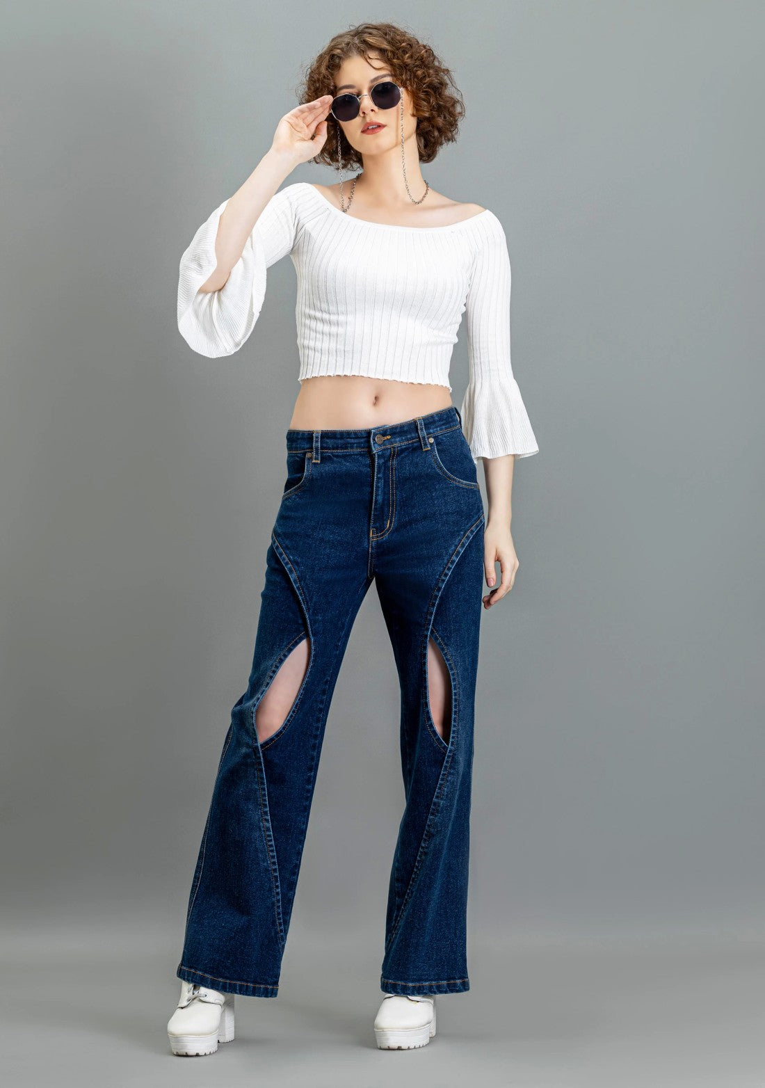 Stylish Blue Wide Leg Denim Jeans with Thigh Open and Cross Panel Details for Women