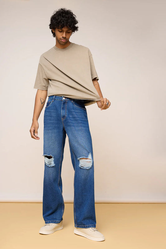 Distressed Mid Blue Wide-Fit Denim Jeans for Men with Comfortable Relaxed Fit