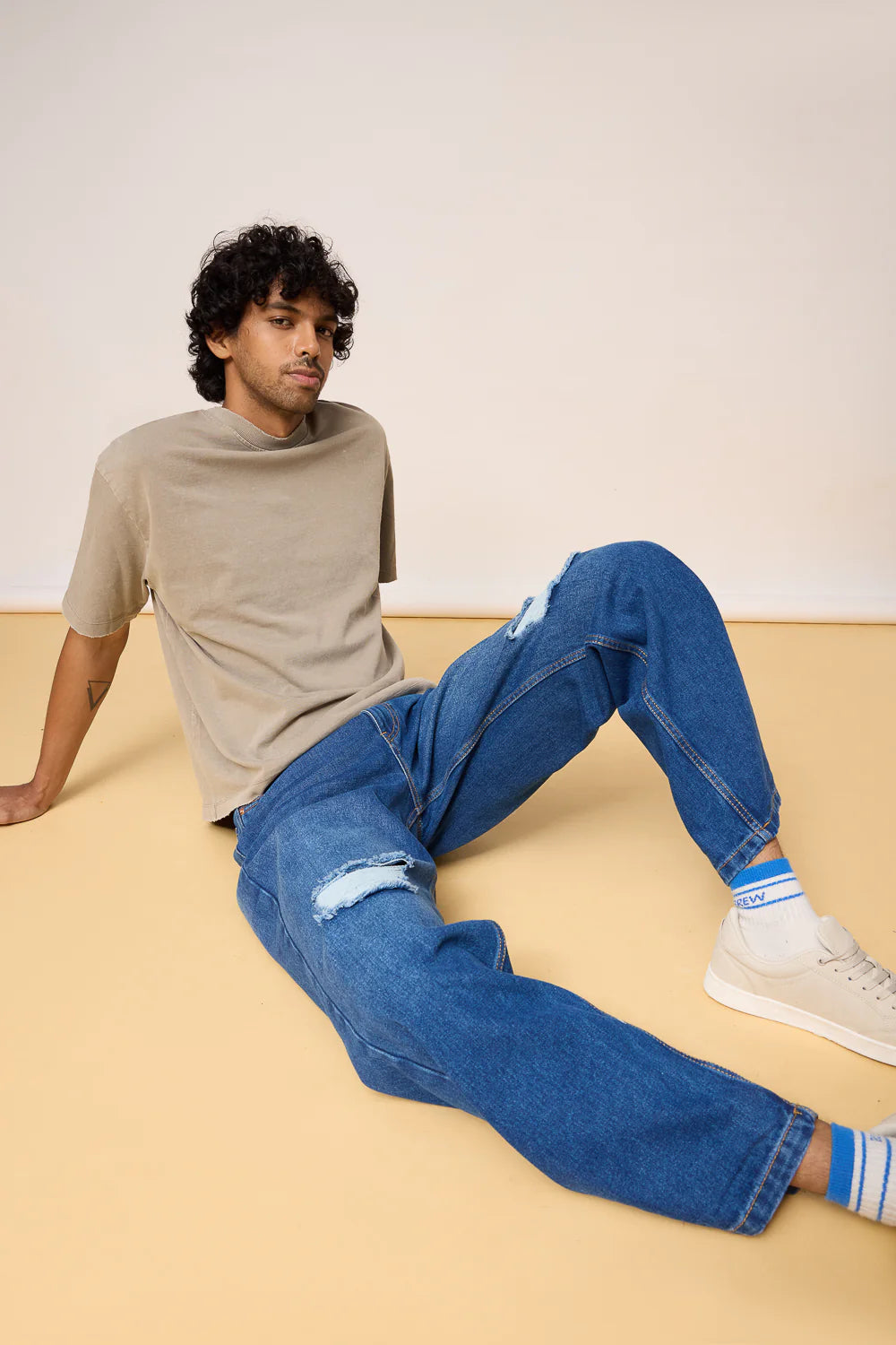 Distressed Mid Blue Wide-Fit Denim Jeans for Men with Comfortable Relaxed Fit