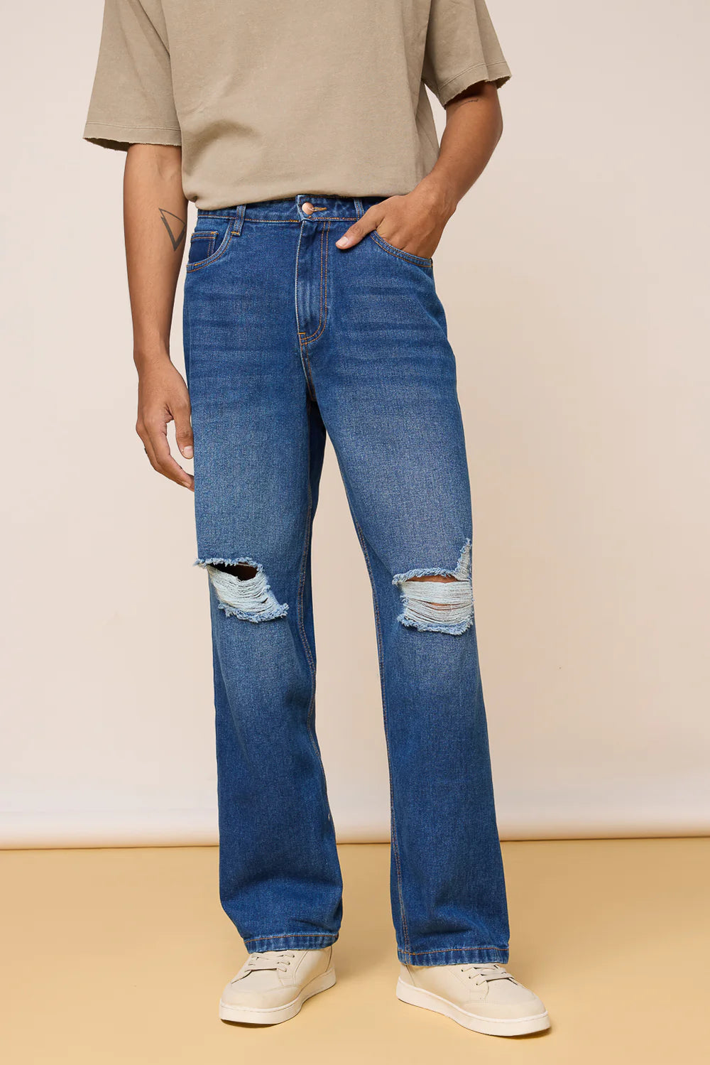 Distressed Mid Blue Wide-Fit Denim Jeans for Men with Comfortable Relaxed Fit