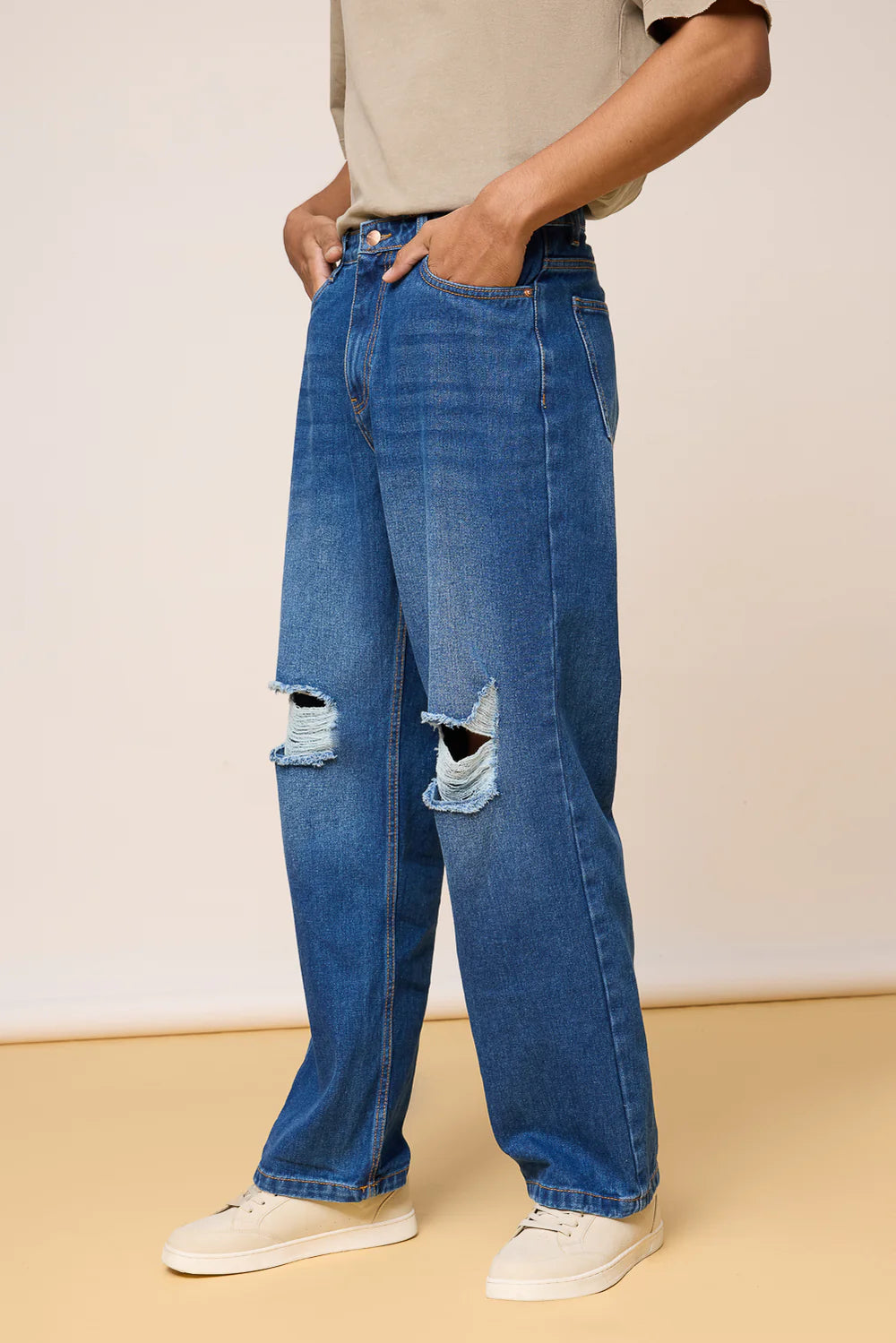 Distressed Mid Blue Wide-Fit Denim Jeans for Men with Comfortable Relaxed Fit