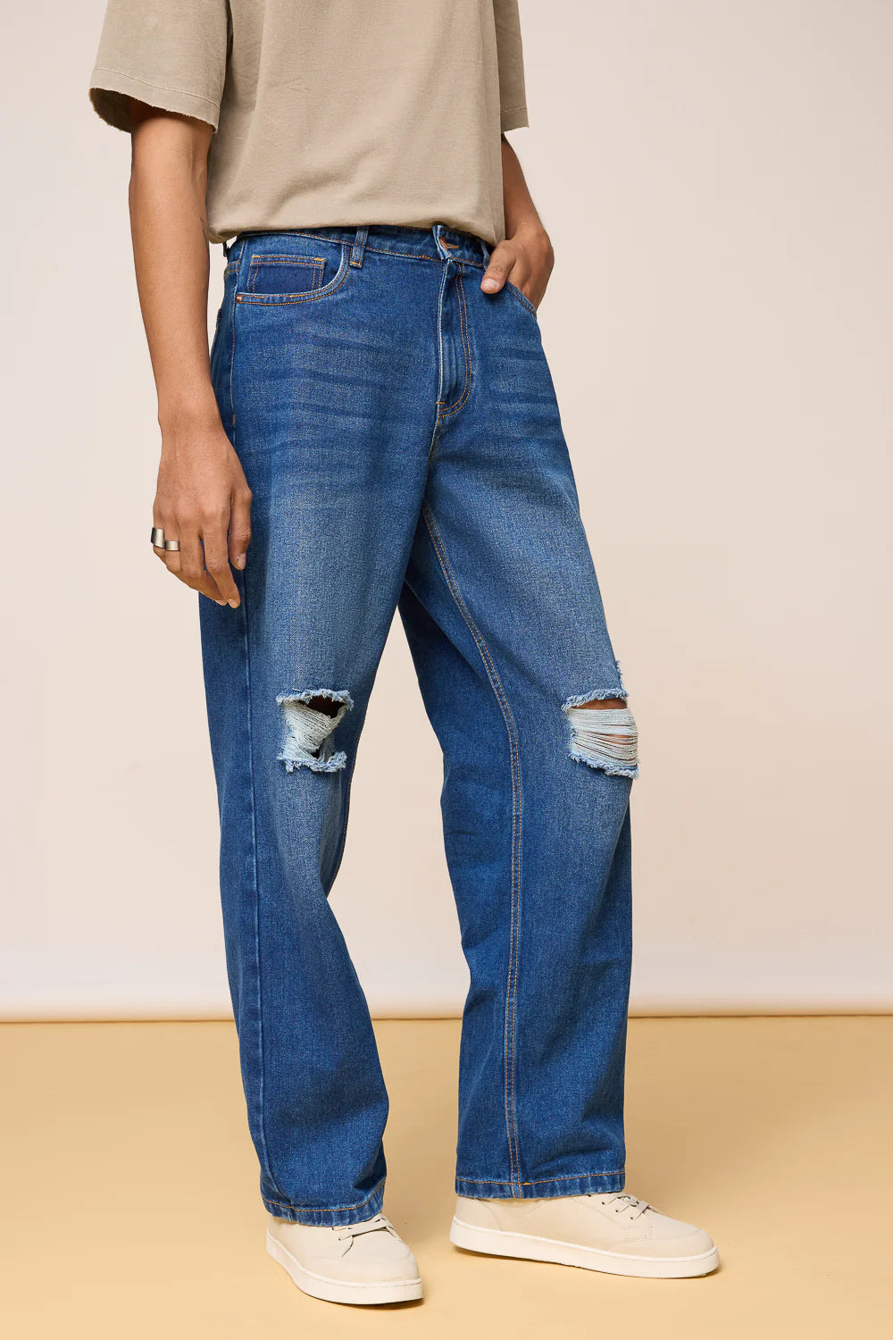 Distressed Mid Blue Wide-Fit Denim Jeans for Men with Comfortable Relaxed Fit