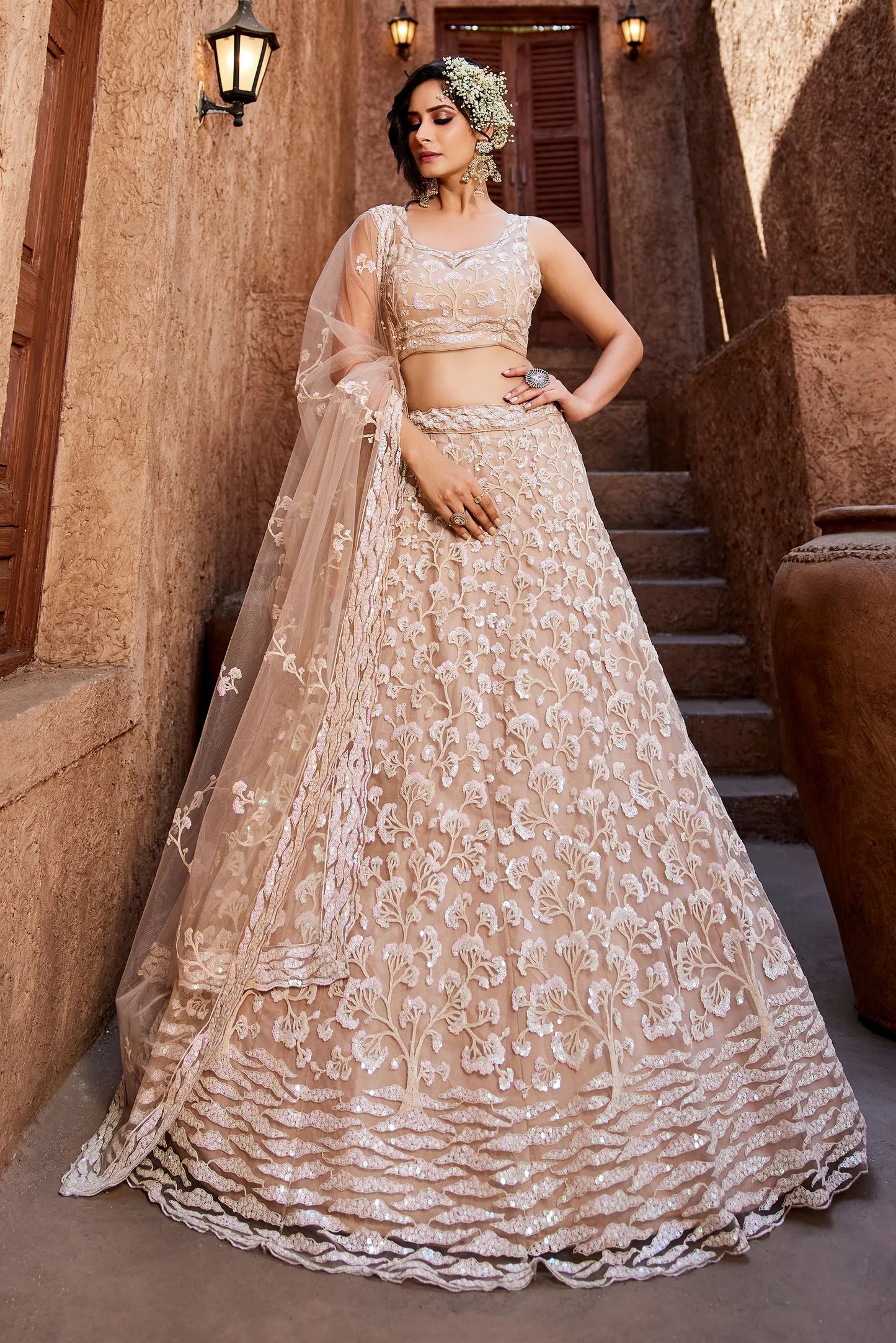 Nude Net Lehenga Choli and Dupatta with Shimmering Sequins Embroidery