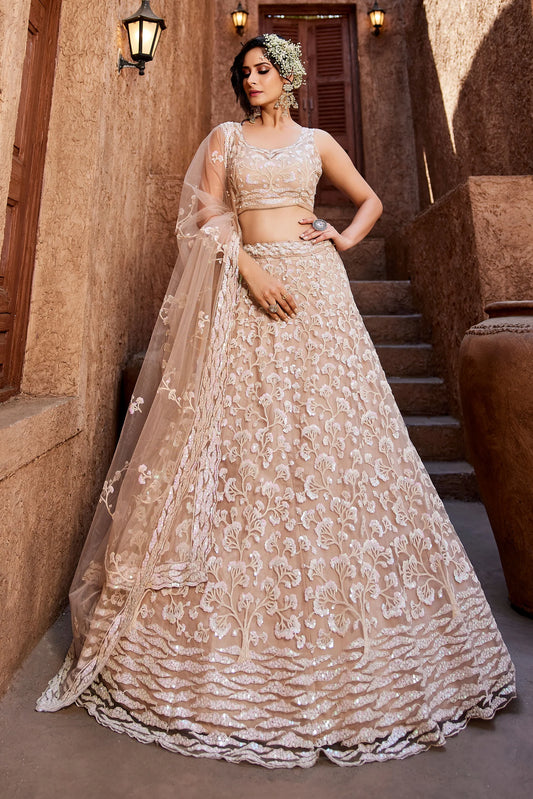 Nude Net Lehenga Choli and Dupatta with Shimmering Sequins Embroidery